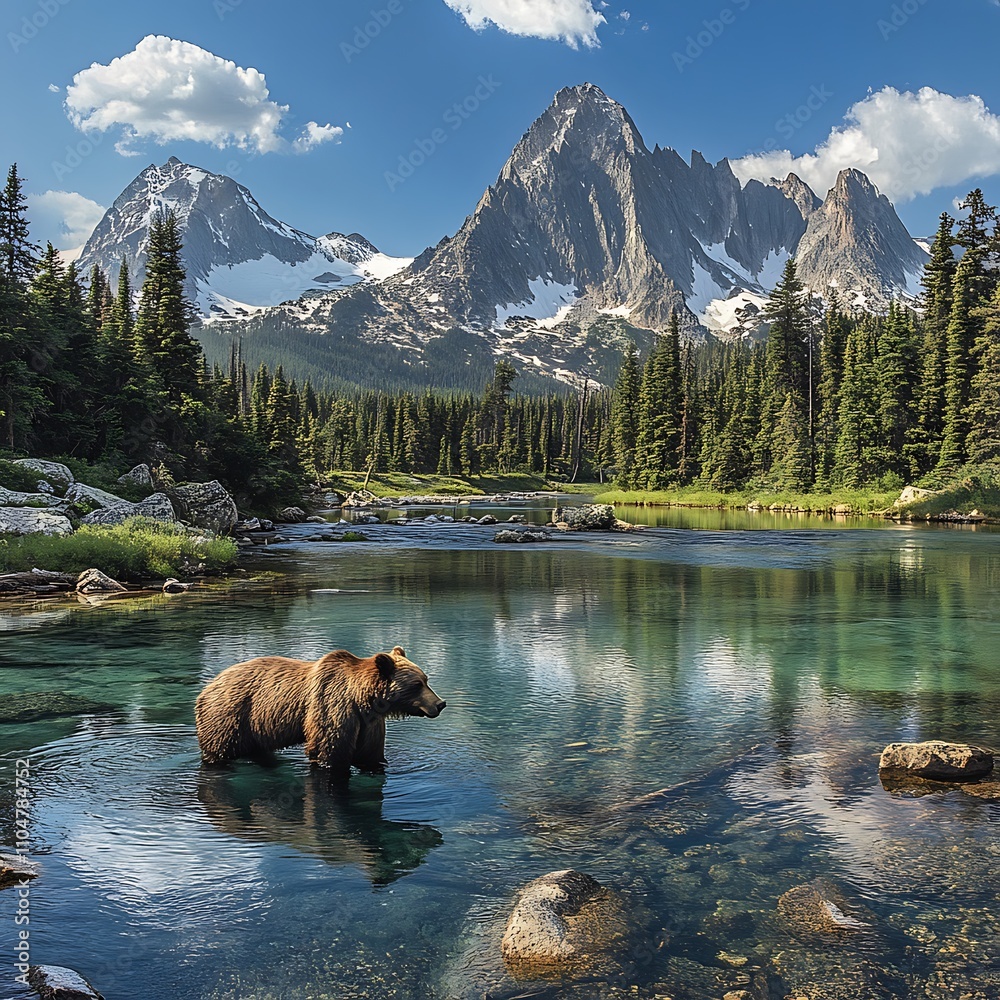 Grizzly Bear Standing in Crystal Clear Mountain Lake. Grizzly Bear Standing in Crystal Clear Mountain Lake.
