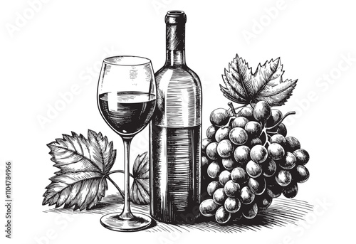 Wine bottle and glass of wine and grapes sketch hand dawn drawing vector illustration