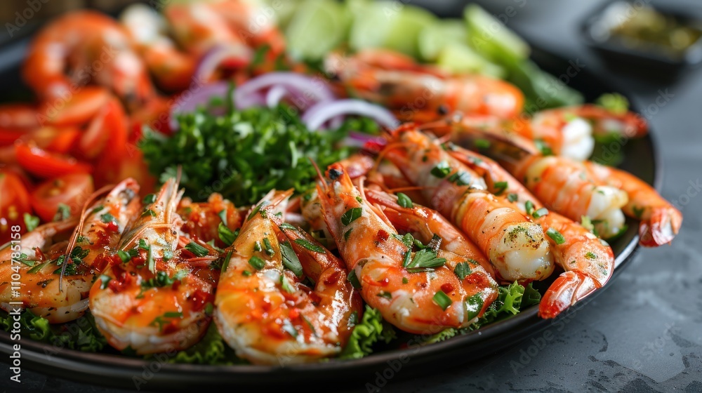 Steamed prawns garnished with green herbs on a black plate, showcasing a delicious and nutritious seafood dish. Steamed prawns garnished with green herbs on a black plate, showcasing a delicious and nutritious seafood dish.