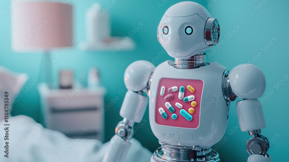 Naklejka premium A friendly robot with a pill display stands in a brightly colored room, suggesting a futuristic approach to healthcare and medication management.
