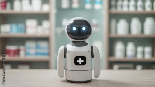 A friendly robot with glowing eyes stands in a pharmacy filled with medicine bottles, symbolizing the integration of technology in healthcare.