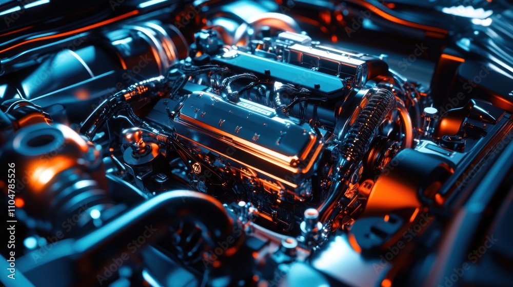 Close-up of a powerful, gleaming car engine with vibrant blue and orange lighting. Close-up of a powerful, gleaming car engine with vibrant blue and orange lighting.