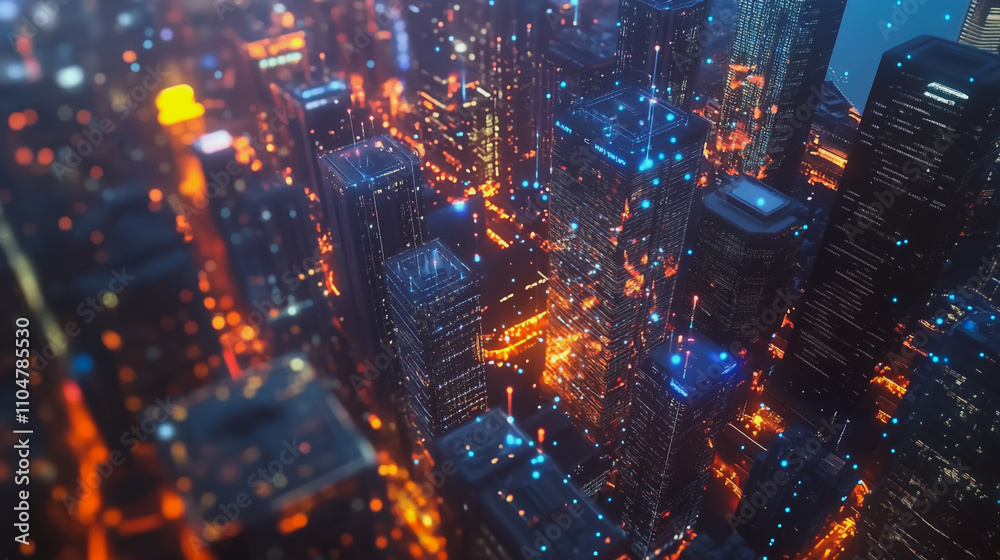 Smart digital city with connection cyber security network reciprocity over the twilight cityscape.future wireless digital city and social media networking systems that connects people within the city