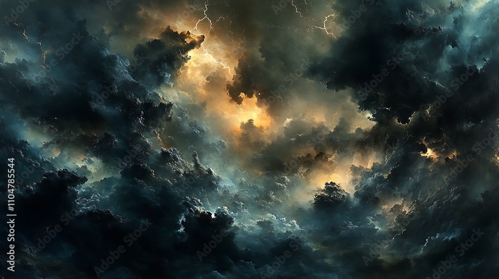 Dramatic sky filled with dark storm clouds, illuminated by occasional lightning flashes