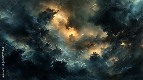 Obraz na płótnie Dramatic sky filled with dark storm clouds, illuminated by occasional lightning flashes w salonie