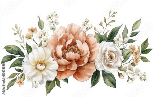 Watercolor floral illustration with peach peonies roses greenery butterfly vibrant design for wedding stationery greeting cards wallpapers