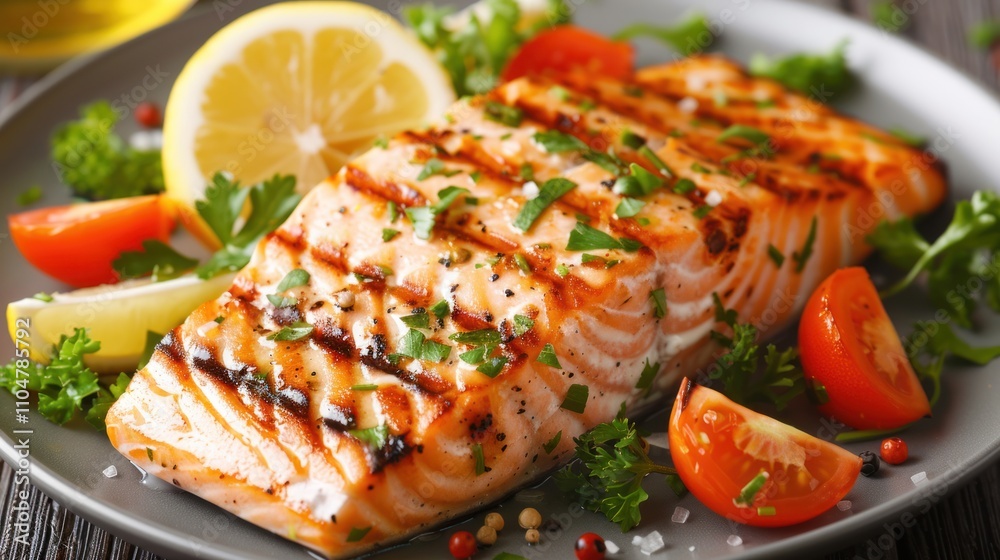 Crispy grilled salmon fillet garnished with fresh lemon wedges served with colorful vegetables on a white plate, garnished with herbs. Crispy grilled salmon fillet garnished with fresh lemon wedges served with colorful vegetables on a white plate, garnished with herbs.