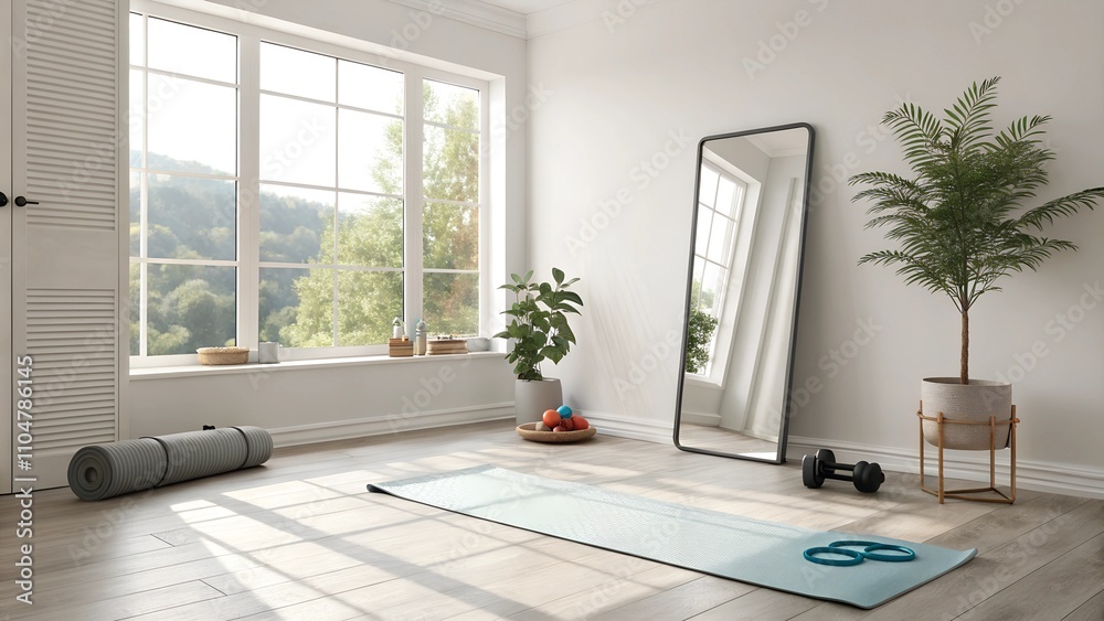 Fototapeta premium A bright room with a minimalist design: a workout mat, fitness bands, and a mirror, with sunlight streaming through a large window.