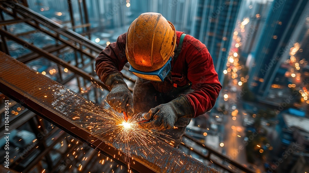 focused construction worker welding steel beams, creating sparks, while the framework of a high-rise building grows behind him