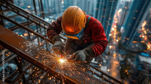 focused construction worker welding steel beams, creating sparks, while the framework of a high-rise building grows behind him