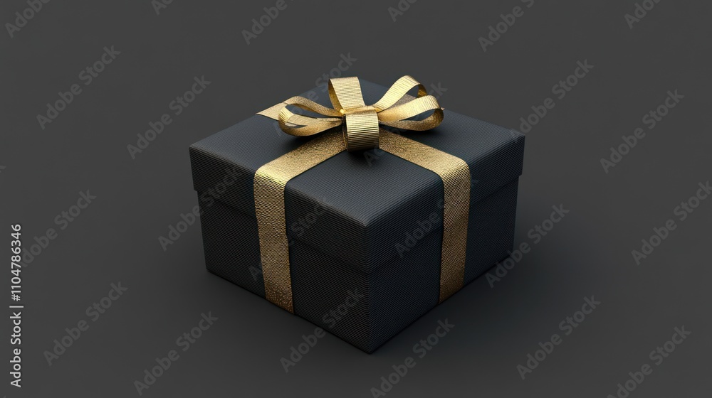 Black gift box with golden ribbon and textured wrapping on a gray background. Black gift box with golden ribbon and textured wrapping on a gray background.
