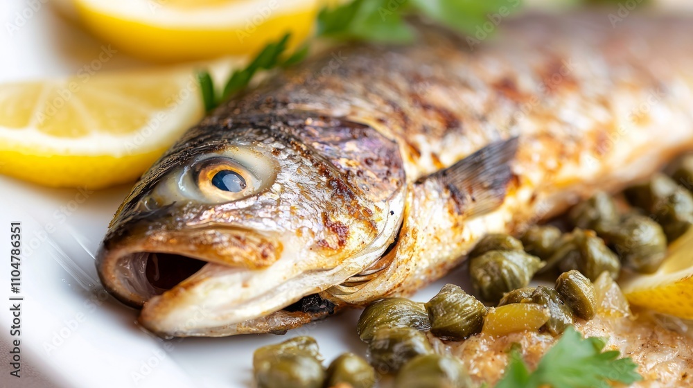 Gourmet Smoked Trout with Capers and Lemon, Macro Photography Showcasing Silky Texture and Rich Color Gourmet Smoked Trout with Capers and Lemon, Macro Photography Showcasing Silky Texture and Rich Color