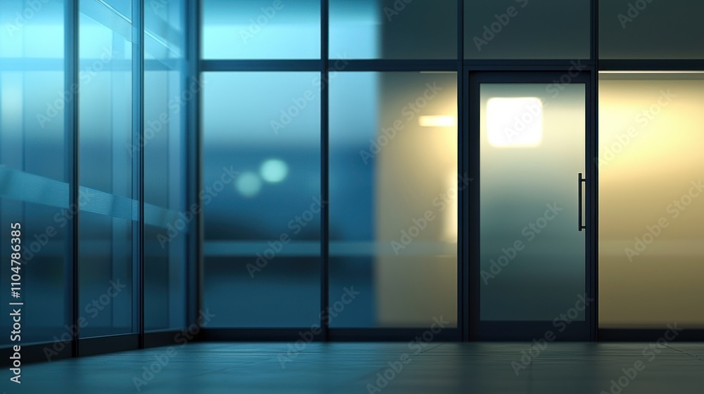 Blurred office interior background with a blurred door and glass wall, blurry bokeh light effect for a business concept design. High-quality photo, taken with a telephoto lens in realistic daylight