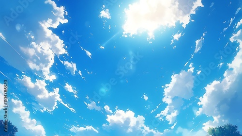 Bright blue sky with wispy clouds scattered across, with sunlight shining through and casting soft shadows