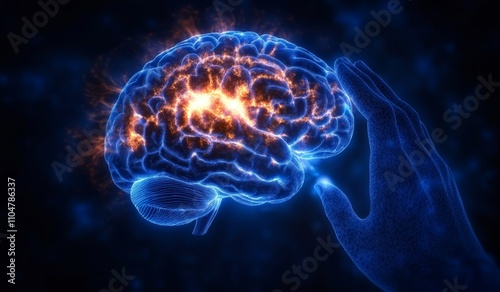 Human Brain with Glowing Shielding Hand Digital Illustration