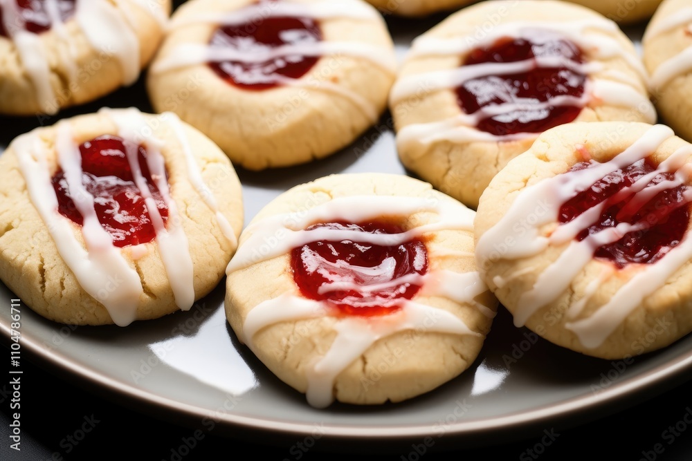 Raspberry Almond Shortbread Thumbprints with Icing on White Plate, Perfect for Christmas Parties Raspberry Almond Shortbread Thumbprints with Icing on White Plate, Perfect for Christmas Parties
