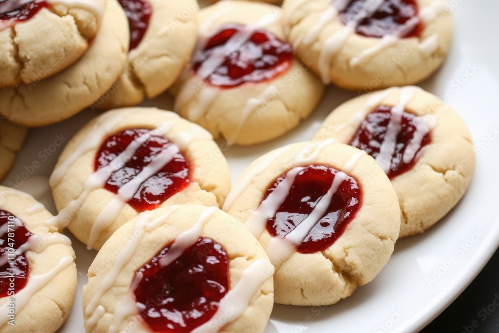 Raspberry Thumbprint Cookies with Icing and Almond Glaze on a White Plate for Festive Occasions Raspberry Thumbprint Cookies with Icing and Almond Glaze on a White Plate for Festive Occasions