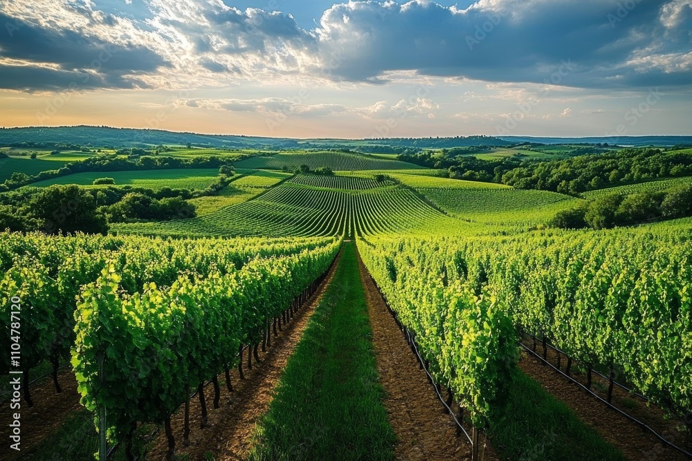 Naklejka premium Lush Vineyard with Rows of Vines in Countryside for Wine Production