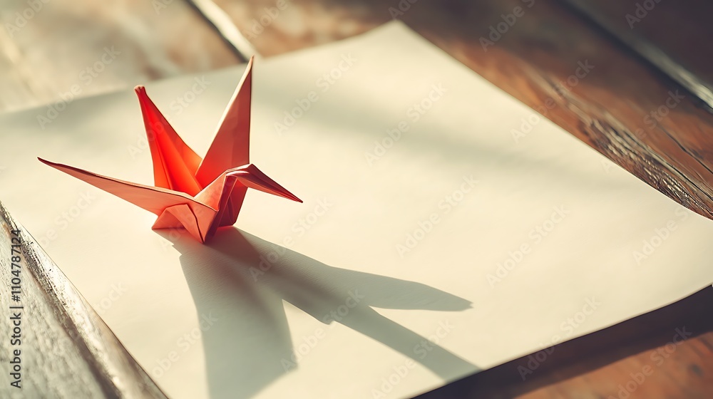 A paper origami crane on top of a blank sheet of paper, representing craftsmanship and creativity