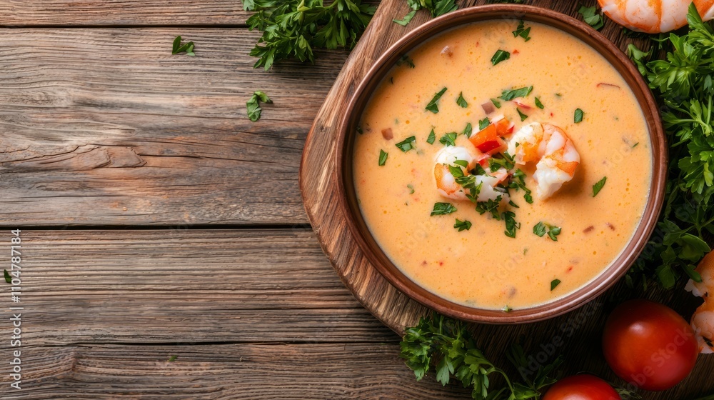 Rich and Creamy Seafood Bisque with Fresh Herb Garnish - Gourmet Cuisine Close-Up Rich and Creamy Seafood Bisque with Fresh Herb Garnish - Gourmet Cuisine Close-Up