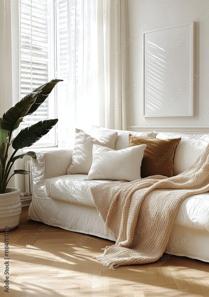 Naklejka premium Bright Modern Living Room with White Sofa and Natural Light