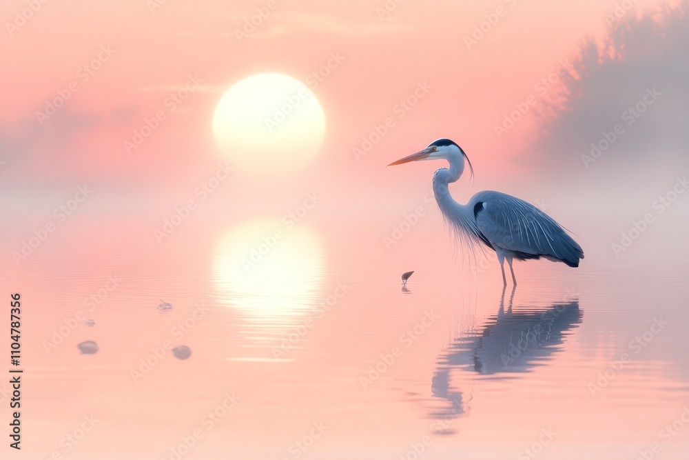 Naklejka premium A heron stands in a lake at sunrise, its reflection visible in the water. The sun is a bright orange orb in the sky, and the water is still and calm.