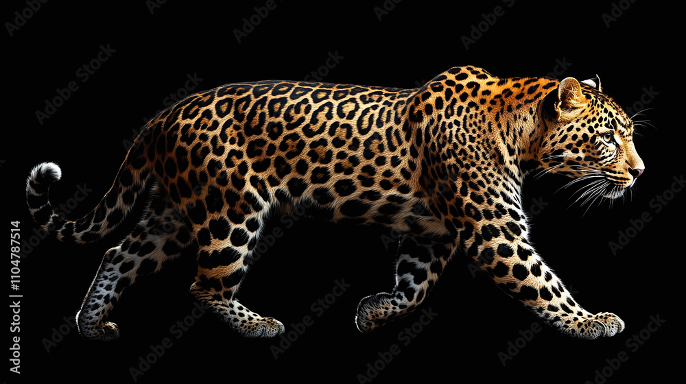 A spotted leopard animal walking in a side view profile showcases the beauty of this isolated wild cat, a dangerous predator and mammal of the african wilderness. A spotted leopard animal walking in a side view profile showcases the beauty of this isolated wild cat, a dangerous predator and mammal of the african wilderness.
