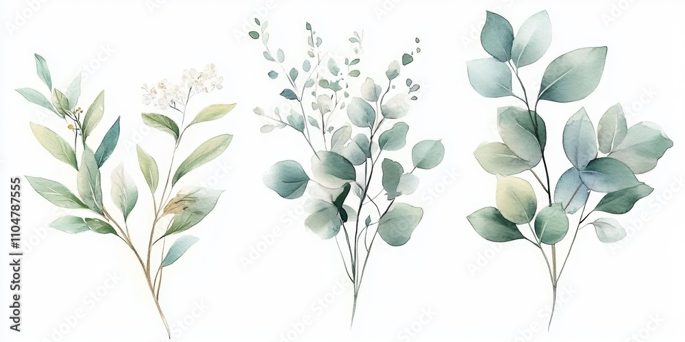 Watercolor Illustration of Green Plants and White Flowers for Decor, Stationery, and Background