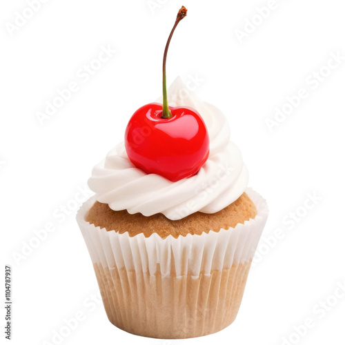 Cupcake topped with whipped cream and cherry against a white background