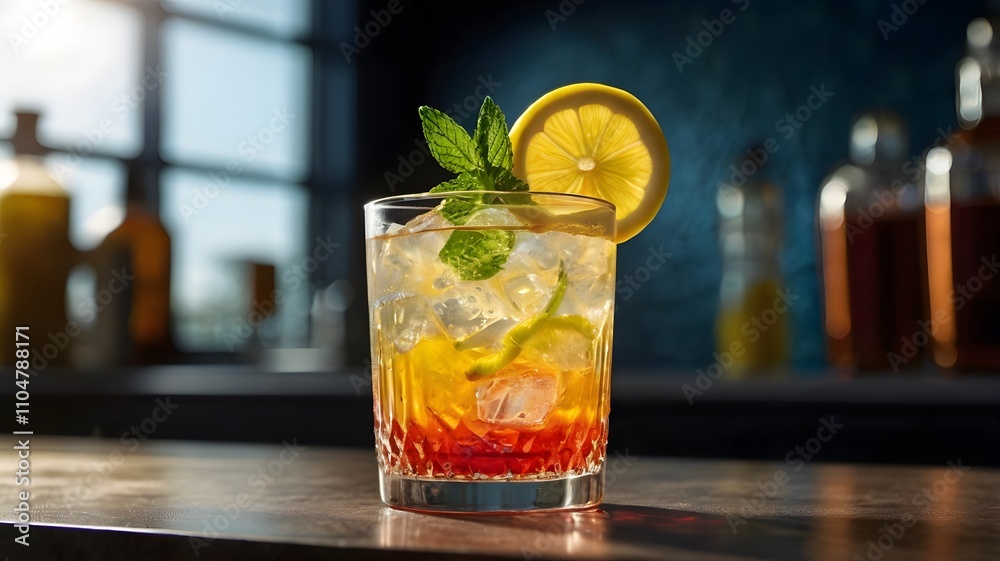Refreshing Cocktail with Lemon Slice and Mint Garnish in Sunlight Refreshing Cocktail with Lemon Slice and Mint Garnish in Sunlight