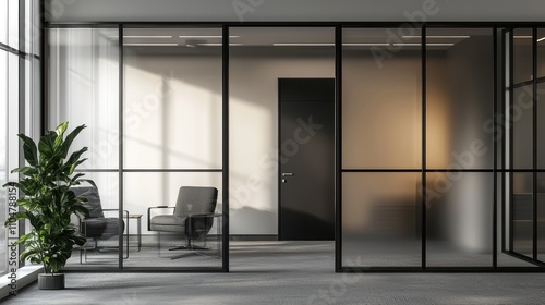 Blurred office interior background with a blurred door and glass wall, blurry bokeh light effect for a business concept design. High-quality photo, taken with a telephoto lens in realistic daylight