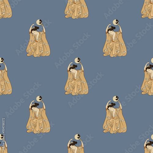 Seamless repeating ethnic pattern with beautiful Japanese women. On blue background.