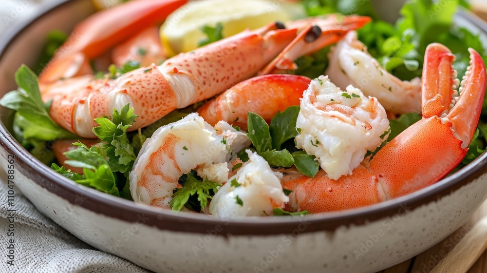 Vibrant Seafood Salad Close-up with Shrimp, Crab, and Greens in Bowl, Ultra-Detailed Culinary Photography Vibrant Seafood Salad Close-up with Shrimp, Crab, and Greens in Bowl, Ultra-Detailed Culinary Photography