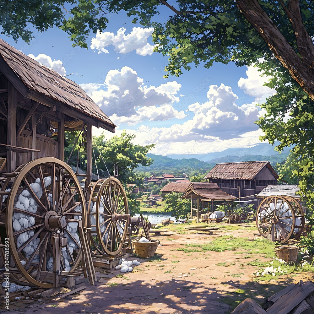 Obraz premium Traditional Village Landscape with Wooden Water Wheels and Lush Greenery.