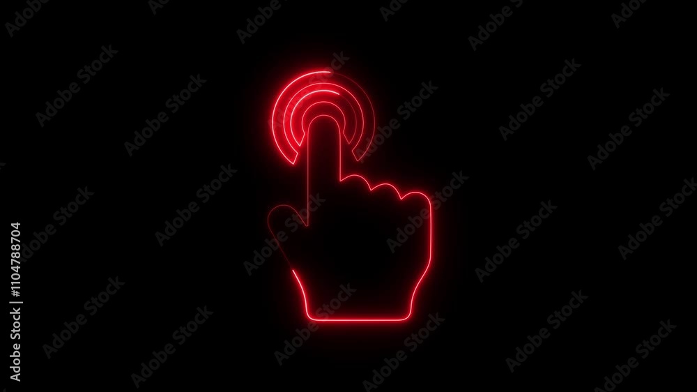 Neon, Glowing hand click icon animation on black background. Click with hand cursor motion. hand finger icon. 4k render. High resolution Video footage.
