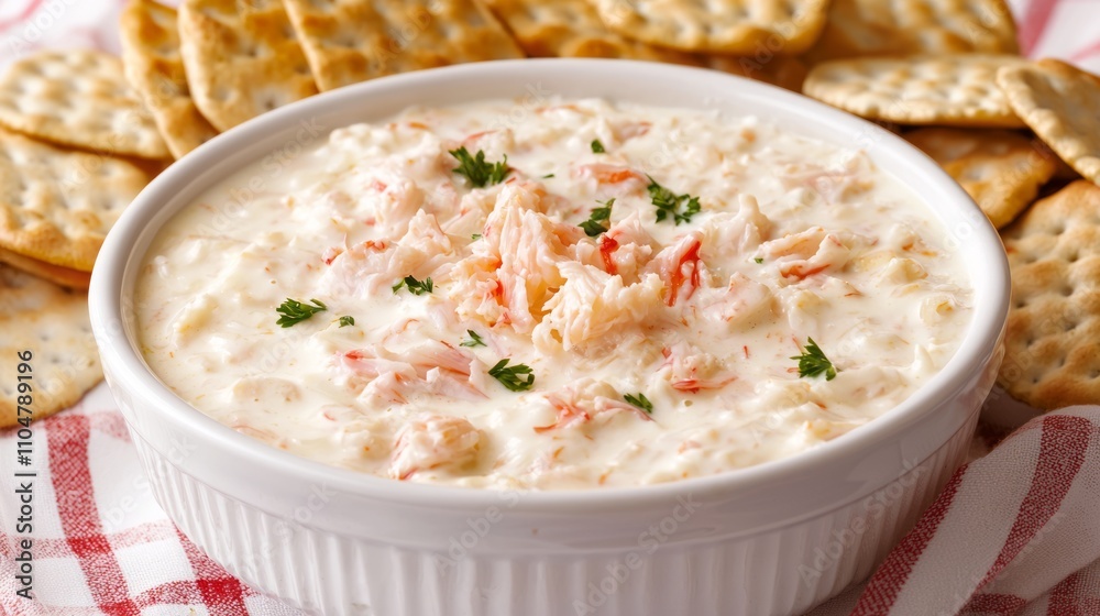 Creamy Crab Dip with Chunky Crab Meat and Crackers for Dipping - Macro Culinary Close-Up Shot for Foodies