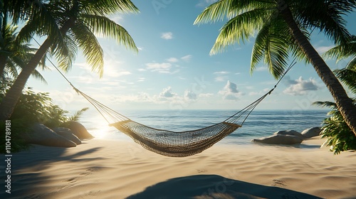 A sandy beach with a hammock tied between two palm trees, inviting relaxation by the sea photo