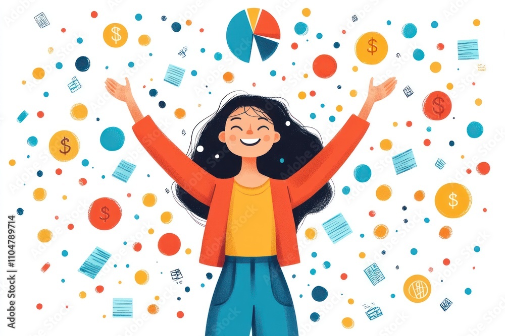 A happy woman with her arms raised in the air celebrating success with confetti and money falling around her. A happy woman with her arms raised in the air celebrating success with confetti and money falling around her.