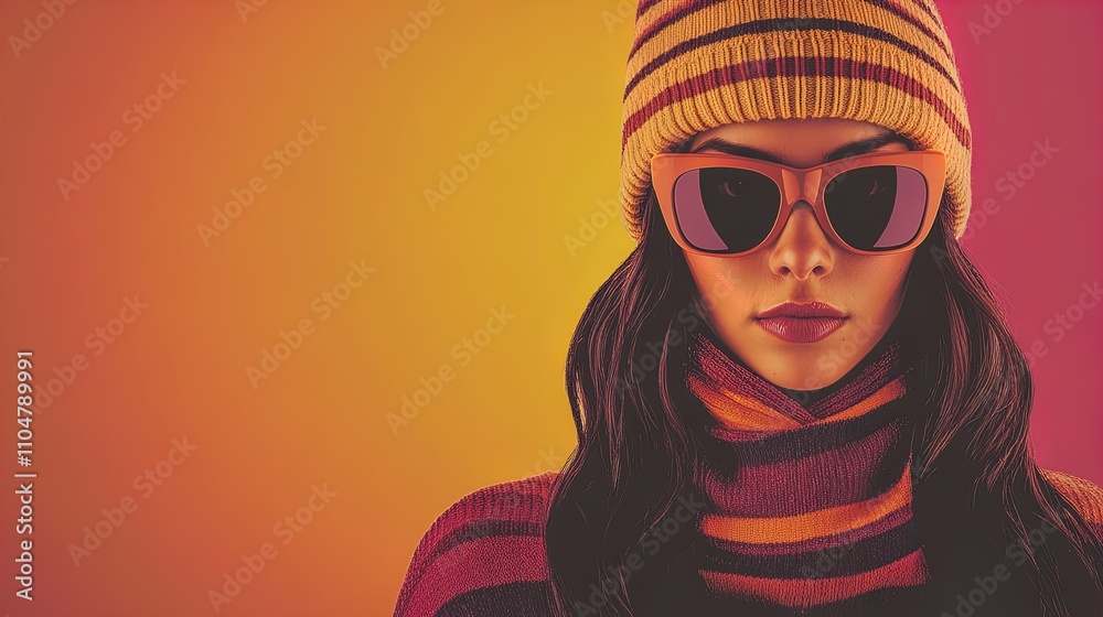 Bold Winter Fashion Portrait: A Playful Knitwear Look Featuring a Woman in Textured Sunglasses and Chunky Scarf – Perfect as a Stylish Sports Interior Poster! Bold Winter Fashion Portrait: A Playful Knitwear Look Featuring a Woman in Textured Sunglasses and Chunky Scarf – Perfect as a Stylish Sports Interior Poster!