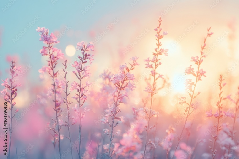 Pink wildflowers bloom in a field at sunset, the sun shining brightly in the background. Pink wildflowers bloom in a field at sunset, the sun shining brightly in the background.