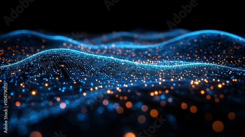 Abstract blue circuit board pattern with luminous elements and black background, representing digital technology and innovation. Showcasing modern digital infrastructure.