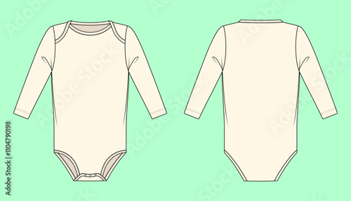 Baby long sleeve onesie flat sketch outline vector fashion illustration template.