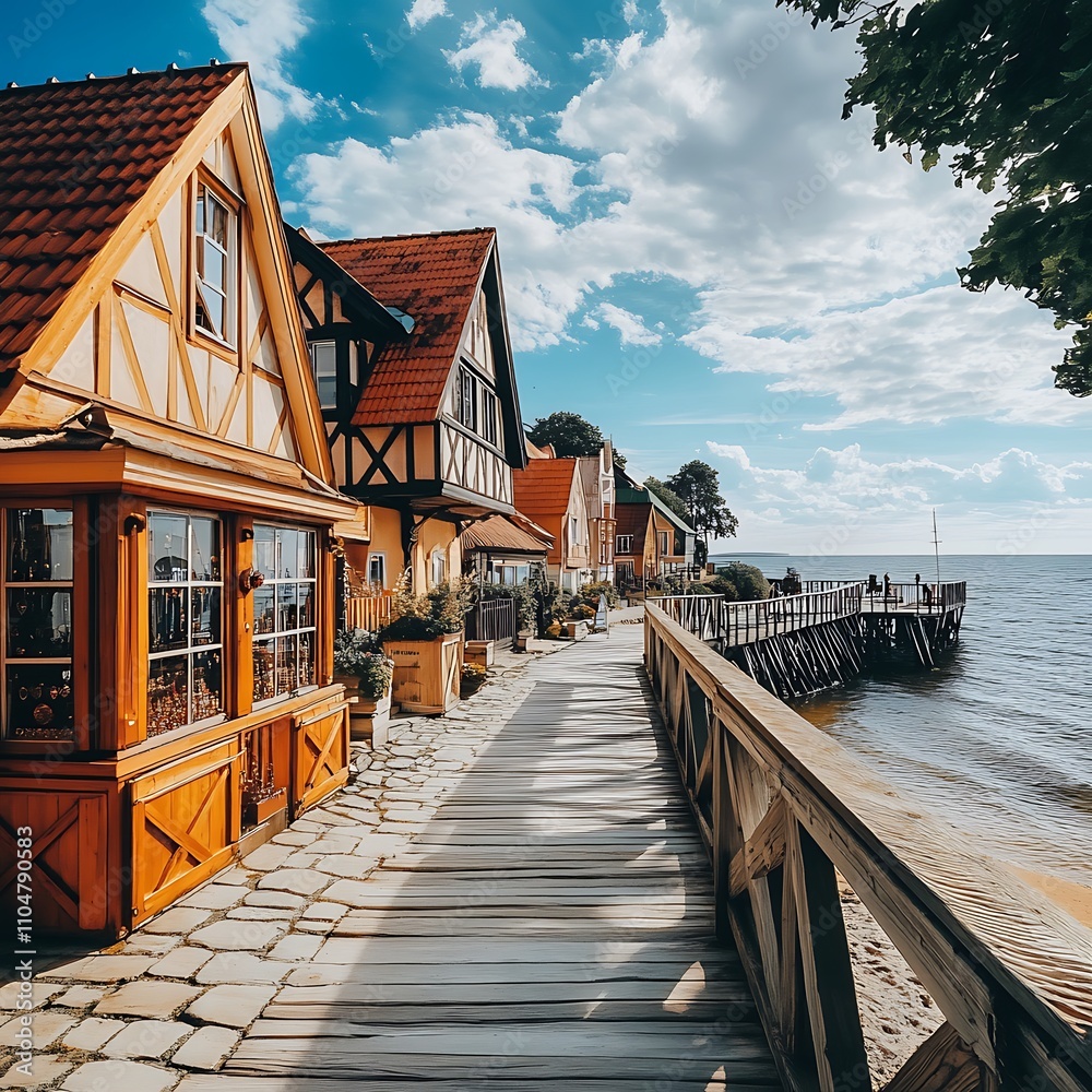 Fototapeta premium Wooden walkway leading to the sea in a charming seaside village.