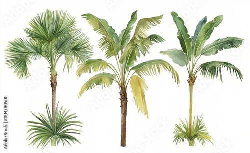 Watercolor palm trees with different leaf structures isolated on white background vintage tropical jungle foliage