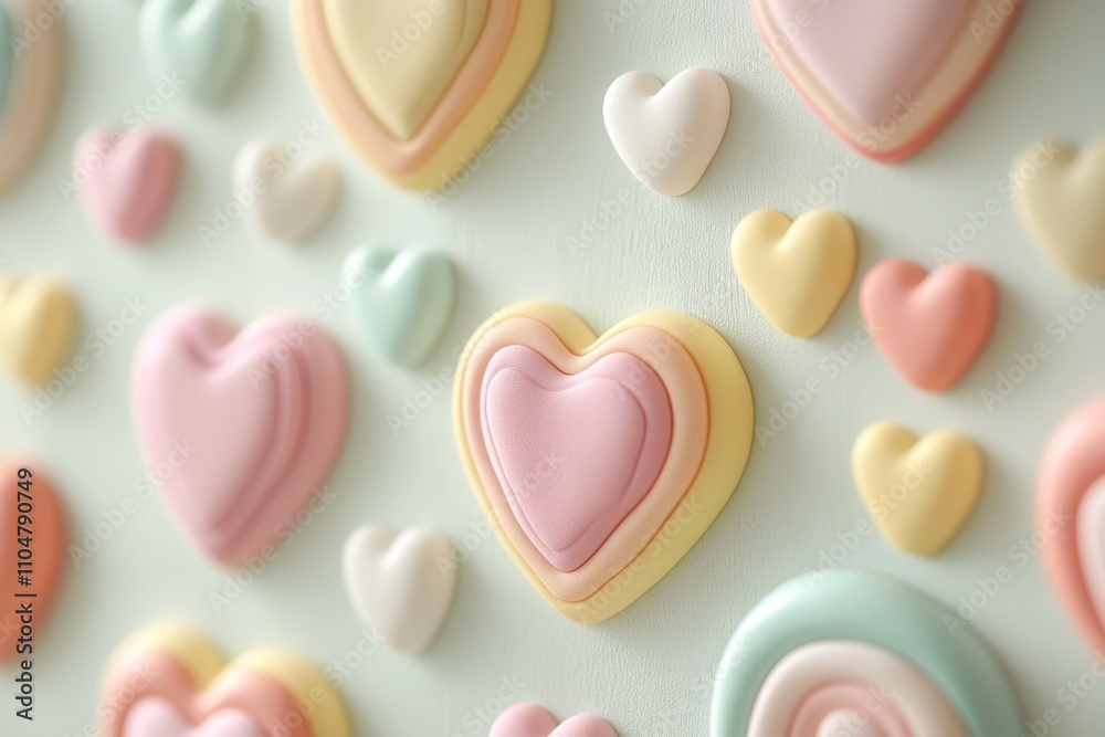 Pastel pink, yellow, and blue heart shapes on a light green background. Pastel pink, yellow, and blue heart shapes on a light green background.