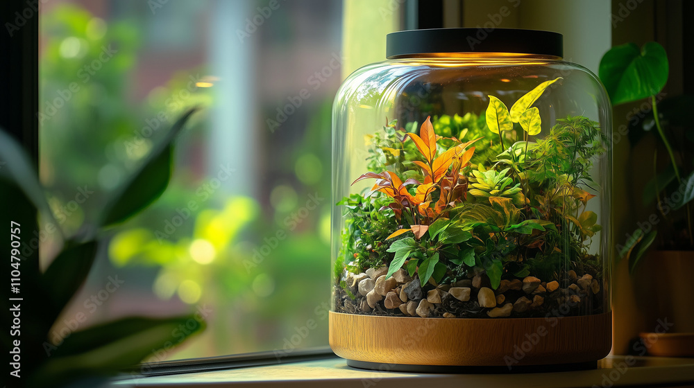 Close-up of terrarium with ferns and decorative stones in glass Close-up of terrarium with ferns and decorative stones in glass