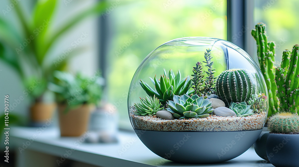 Colorful terrarium with plants and pebbles in a geometric glass container Colorful terrarium with plants and pebbles in a geometric glass container