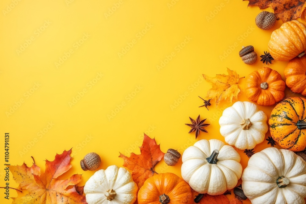 Vibrant Fall Pumpkins Acorns and Leaves Against Yellow Background Vibrant Fall Pumpkins Acorns and Leaves Against Yellow Background