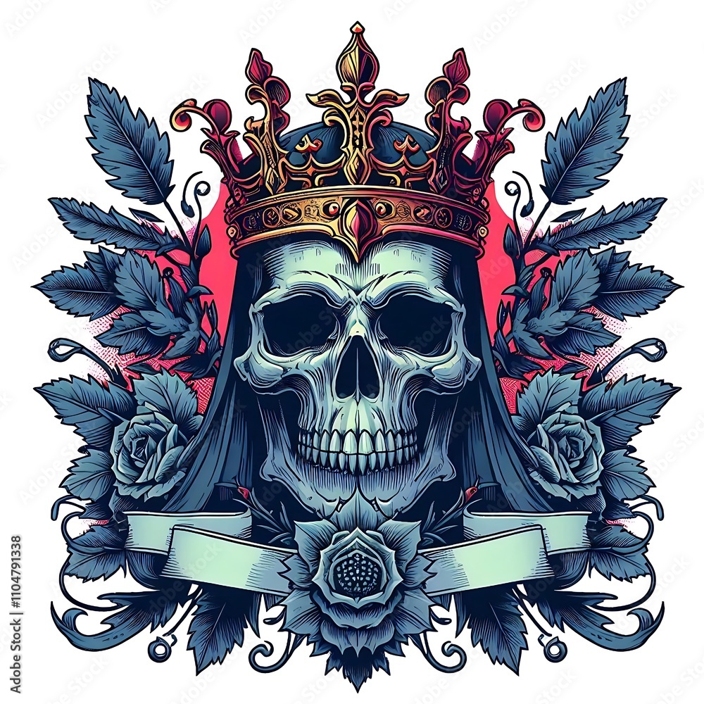 Fototapeta premium Skull crowned with ornate crown and roses.