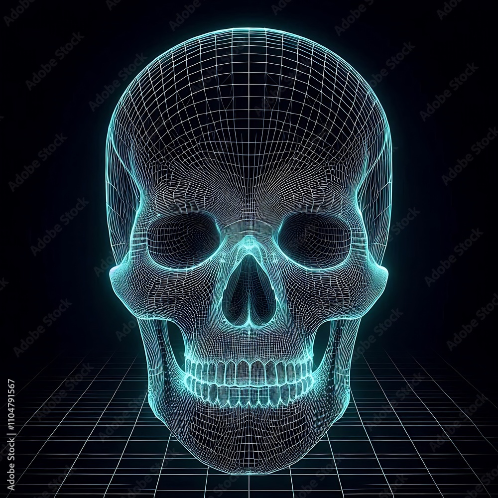 3D wireframe skull illustration.